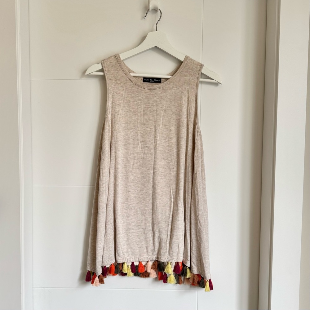 Beige Sleeveless Top with Multicolor Tassels